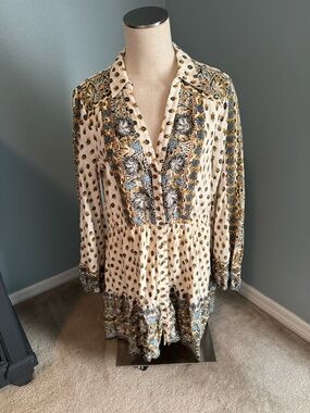 Anthropologie Cream and Blue Boho Embroidered Mini Dress MISSING BELT